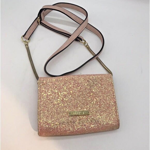 Madden Girl Handbags - Madden Girl Pink Glitter Crossbody Bag Adjustable Strap Pockets Sparkly Evening
